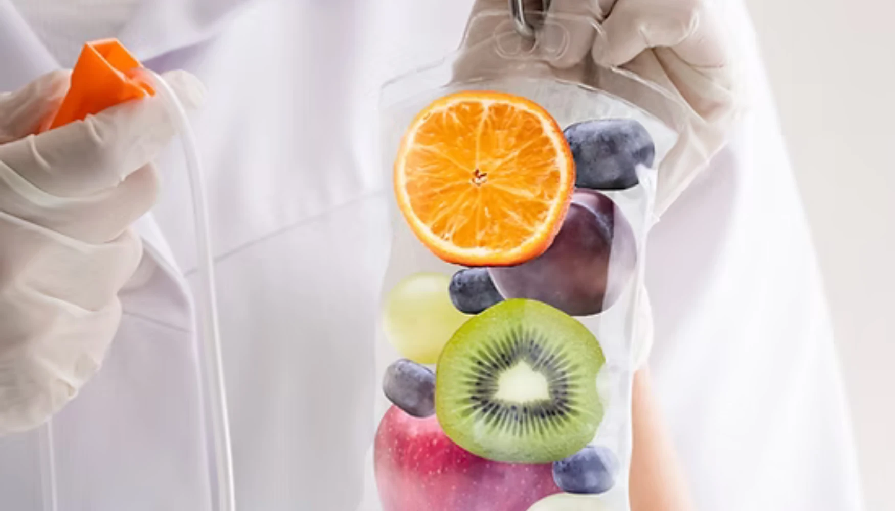 Close up of IV hydration bag with fruit inside