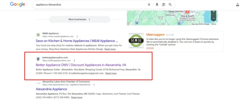 Google result showing Better Appliance DMV for appliance Alexandria search