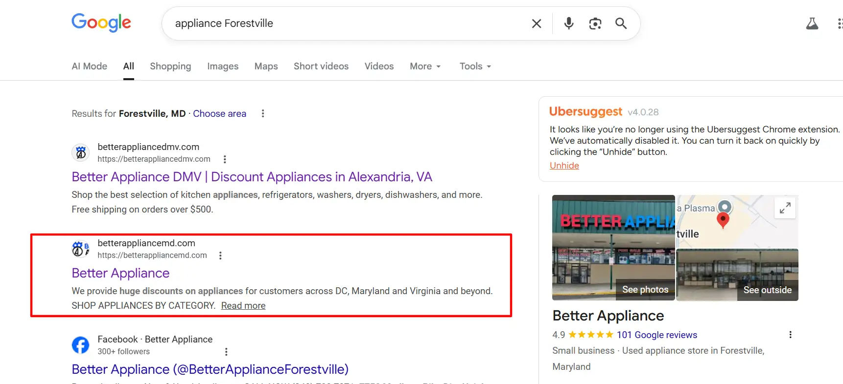 Google result showing Better Appliance for appliance Forestville search