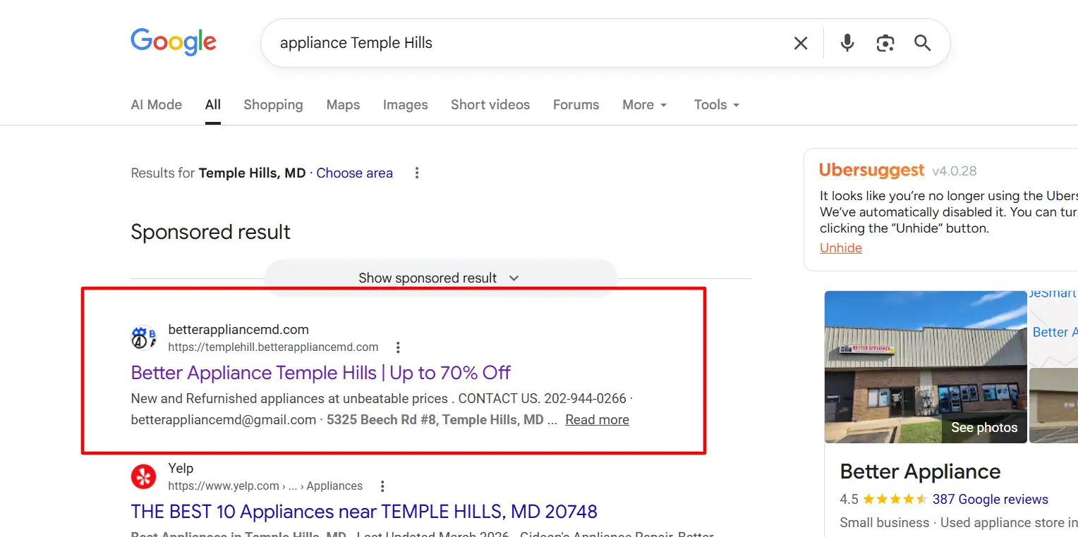 Google search result for Better Appliance Temple Hills